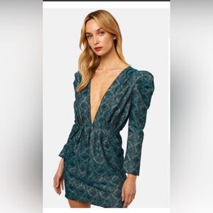 Misa Los Angeles Charlize Teal and Black Metallic Snake Print Mini Dress NWT